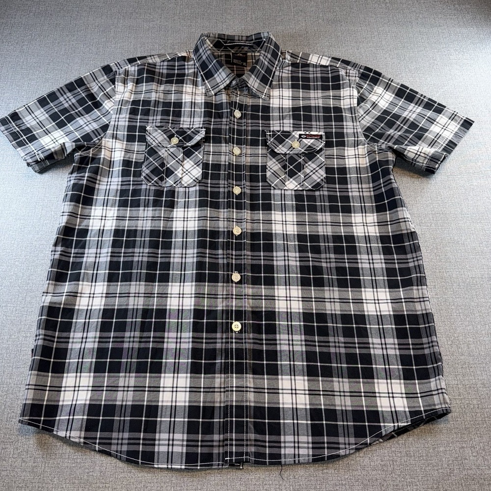 Enyce Shirt Mens XL Black White Plaid Short Sleeve Button Down Two Chest Pockets